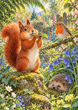 Red squirrel holding a leaf to its mouth beside a perched robin and a hedgehog among bluebells in a leafy garden.