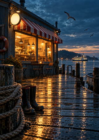 Warmly lit café with a striped awning beside a reflective pier, ferry lights on the water, gulls, rope, and boots at dusk.