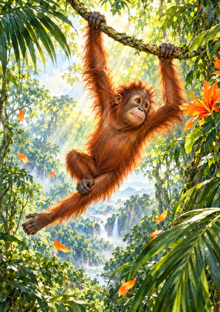 A young orangutan grips an overhead vine while swinging through lush rainforest foliage near orange flowers and a distant waterfall.