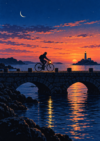 Small silhouetted cyclist with an amber light on a stone bridge, with a lighthouse and sunset beyond.