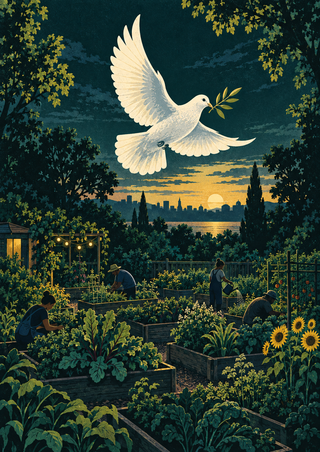 White dove carrying an olive sprig flies above people tending raised garden beds at dusk, with water and a distant skyline.