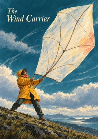 Full-figure adult in a yellow-orange coat holding a large pale ribbed kite against a teal sky with clouds and a distant rocky horizon.