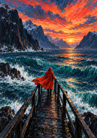 A lone figure in a red hooded cape stands at the end of a dark pier above foaming fjord water and steep mountains at sunset.