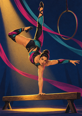 An adult acrobat in a teal and magenta costume performs a one-handed handstand on a wooden beam beneath a suspended ring.