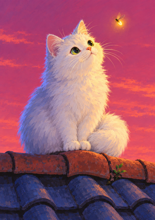 Fluffy white cat perched on a tiled rooftop, looking up at a glowing firefly against a raspberry-pink evening sky.