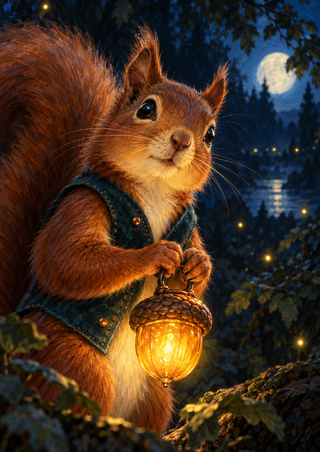 Red squirrel in a dark teal waistcoat holding a glowing acorn lantern in a moonlit woodland.