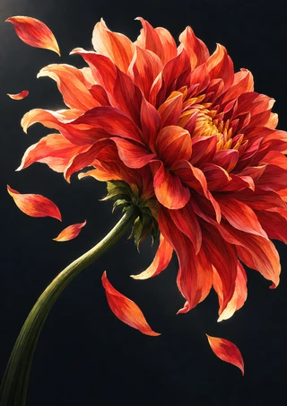 Large red-orange dahlia with a curved green stem and scattered petals against a charcoal background.