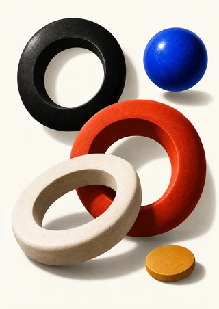 Black, vermilion, and off-white rings arranged around a cobalt sphere, with a small amber disc on a warm-white background.