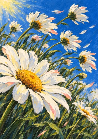 Large white daisy and smaller wind-bent blooms with green stems against a vivid blue sky.