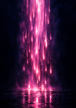 Vertical pink and magenta light filaments glowing against a dark indigo field and reflecting on a glossy-looking surface.