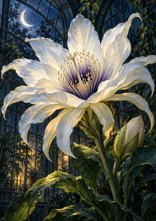A large pale flower with a violet center and a dew-dotted bud inside a dark glasshouse, with a crescent moon visible through the panes.