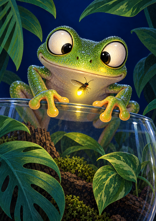 Speckled green tree frog gripping a glass terrarium rim and watching a glowing winged insect among tropical leaves against deep blue.