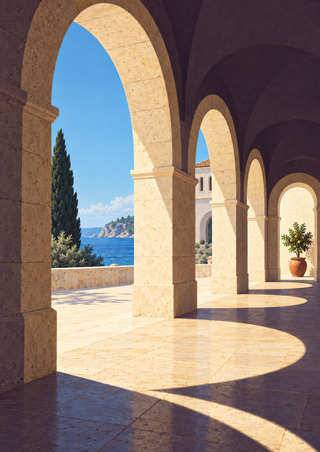 Pale stone arches recede along a sunlit arcade toward blue sea and sky, with a potted citrus tree at the far opening.