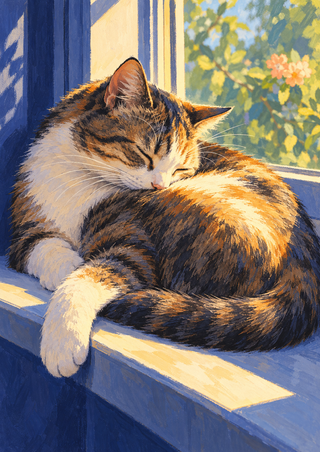 Multicolored house cat asleep curled on a blue windowsill, one pale paw draped over the sill, with green foliage outside.