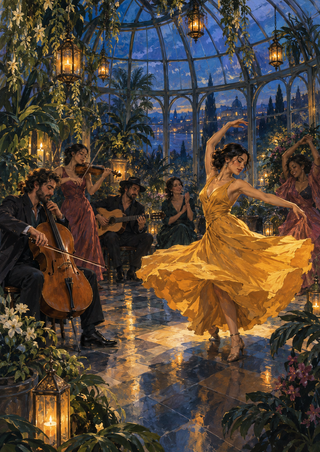 A woman in a flowing saffron dress dances in a glass conservatory beside a seated cellist and other musicians, with lanterns and foliage.