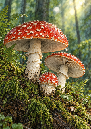 Three red-and-white fly agaric-like mushrooms with visible gills growing from a mossy log among ferns in a softly lit forest.