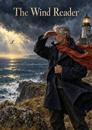 Gray-haired lighthouse keeper in a dark coat and rust-red scarf watches a seabird over a stormy sea, with an illuminated lighthouse behind him.