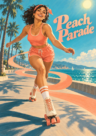 Smiling woman in coral roller-skating toward the viewer beside a turquoise sea, with a curling coral ribbon and decorative Peach Parade lettering.