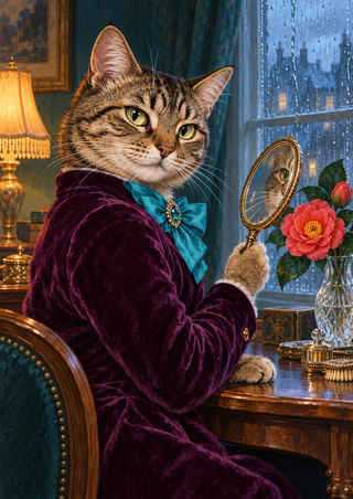 Tabby cat in a plum jacket and turquoise bow holding a round hand mirror beside a coral flower and rainy window.