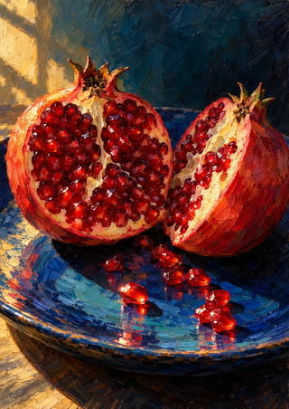 Two opened pomegranate sections packed with red arils on a blue plate, with loose seeds scattered below and warm light entering from the upper left.