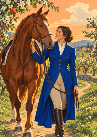 Adult woman in a blue riding coat beside a bridled chestnut horse in a blossoming orchard with red apples.