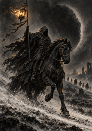 A hooded rider on a dark horse carries a glowing lantern above ash and distant silhouettes beneath a crescent sweep of smoke.
