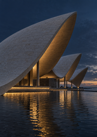 A modern pavilion with overlapping shell-like roofs glows beside a dark reflecting pool under an evening sky.