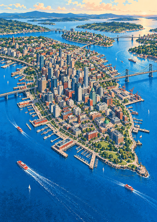 Elevated view of a dense coastal city peninsula surrounded by blue water, with bridges, piers, parks, boats, and distant shorelines.