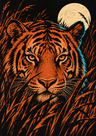 Close frontal tiger in black and orange carved-looking shapes emerging from dark grass beneath a pale moon, with teal accents along one cheek and ear.