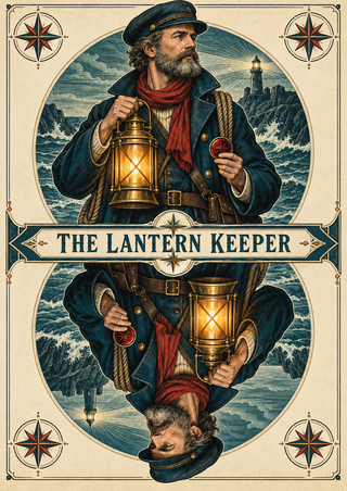 A bearded lighthouse keeper holding a glowing lantern and red token appears upright and inverted between lighthouse and ocean scenes, with compass roses in the corners.