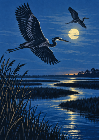 Two flying herons above a moonlit marsh, with a pale moon, dark reeds, branching reflective water, and a small warm glow.