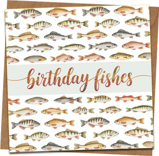 Birthday Fishes Funny Pun Greeting Card – Fish Pattern, 145mm x 145mm Square, Blank Inside, for Men Women Kids, Comes with Kraft Envelope