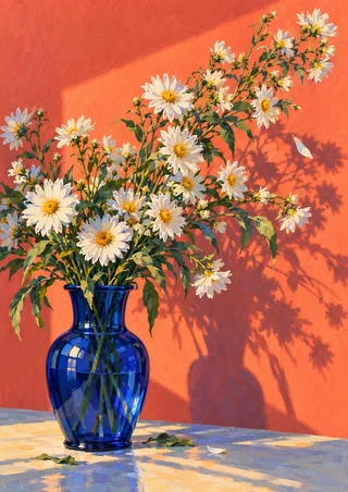 White and yellow daisy-like asters in a reflective cobalt-blue glass vase against a coral wall, with long shadows and a detached petal.