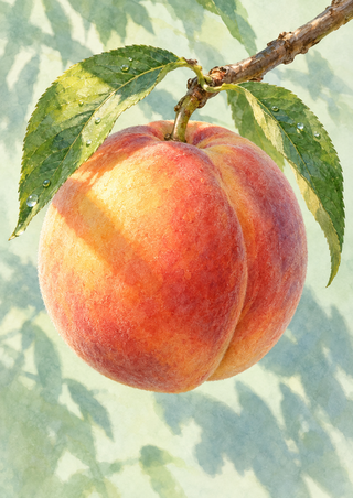 Large coral-gold peach beneath a woody branch, framed by two dew-dotted green leaves against a pale green background.