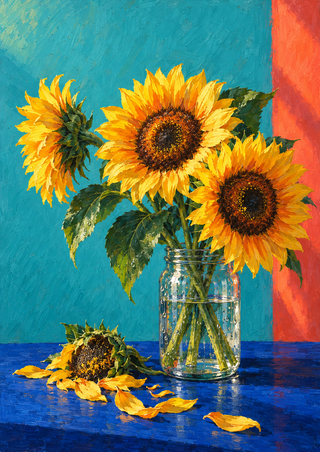 Three yellow sunflowers in a clear jar on a blue table, with a fallen bloom and petals against a turquoise wall with a coral stripe.
