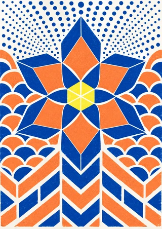 Six-part geometric rosette in blue and apricot with a yellow center, dotted upper rays, scalloped side bands, and lower chevrons on an off-white ground.