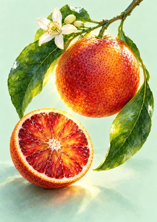 A red-mottled orange on a branch above a cut half, framed by glossy green leaves and a white citrus blossom against pale green.