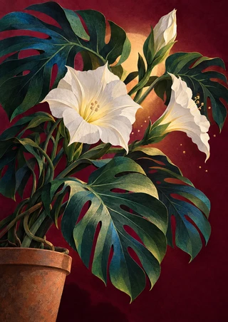 A potted monstera with broad split leaves and white trumpet-shaped flowers fills a portrait composition against a deep berry background.