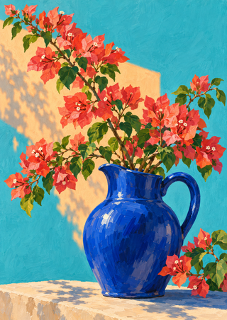 Cobalt-blue handled pitcher filled with coral-pink flowering branches on a stone ledge against a turquoise wall and apricot sunlight.