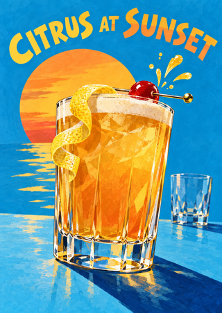 Golden-orange cocktail with pale foam, lemon peel and cherry garnish beneath the arched words “CITRUS AT SUNSET,” against a blue background and orange sun disk.