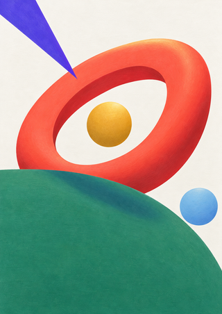 Coral-red ring surrounding a golden disk above a curved jade-green plane, with a violet wedge and pale-blue circle.