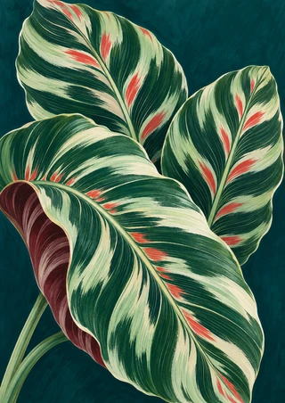 Three large patterned green leaves fan diagonally across a deep teal background; the curled foreground leaf shows a burgundy underside.