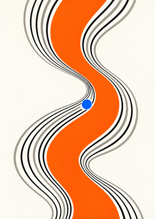 Vivid orange S-shaped ribbon with fine black and warm-gray contour lines and a small blue disc on an off-white background.