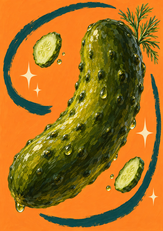 Large curved green pickle with droplets and floating slices inside an open teal loop on an apricot background.