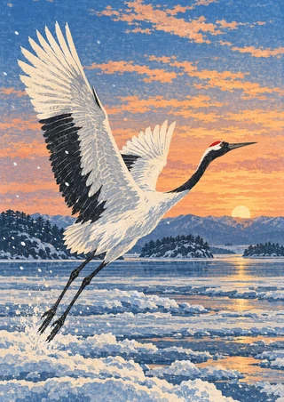 Red-crowned crane taking flight above snowy tidal water, with pine islands and an apricot-and-blue dawn sky.