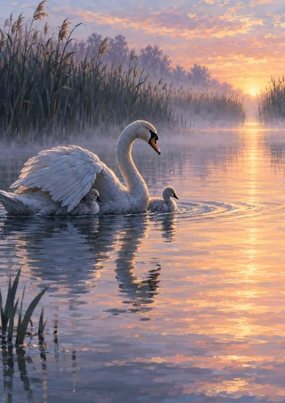 White adult swan gliding with two gray cygnets on a misty sunrise lake, one tucked beneath its raised wing.