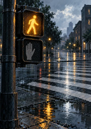 Amber pedestrian walking icon and unlit hand signal on a pole beside a rain-soaked zebra crossing with amber reflections.
