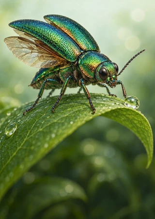 An iridescent emerald-and-blue beetle with partly opened wings stands on a curved, dew-covered green leaf.
