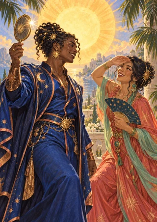 Two ornate adult-presenting performers beneath a golden sun, one holding a mirror and the other a star-patterned fan.