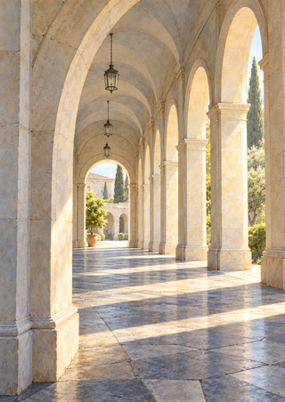 Pale stone arches recede across patterned paving toward a sunny courtyard with a potted citrus tree and hanging lanterns.